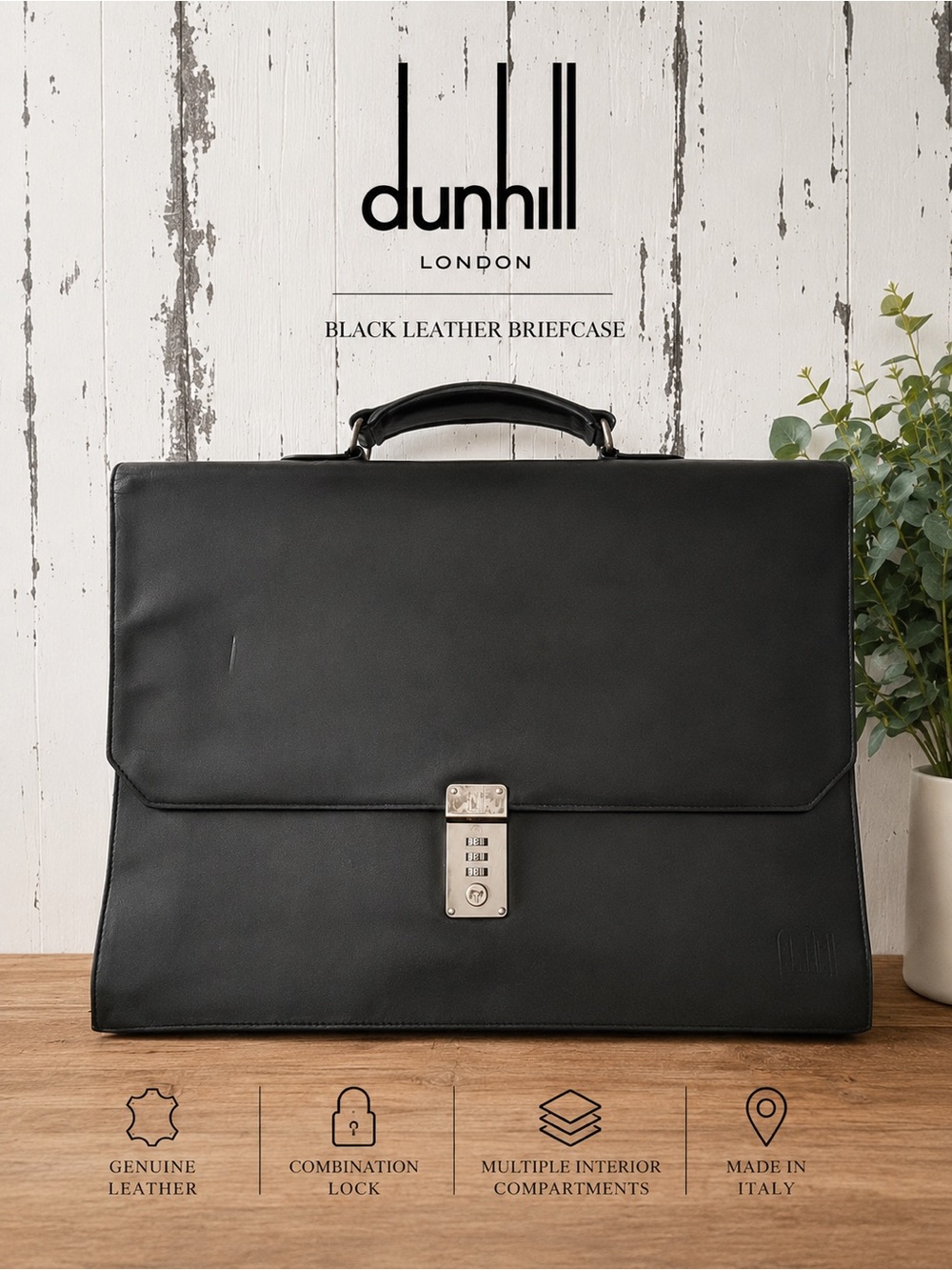 Vintage Dunhill Black Leather Briefcase Made in France Combination Lock